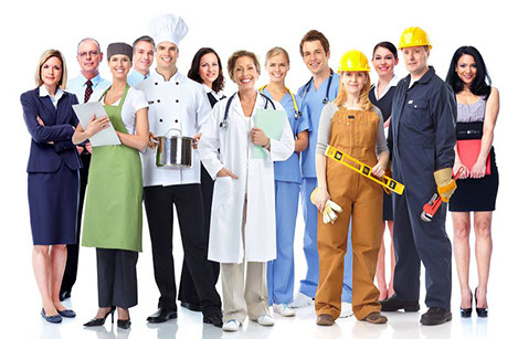 An image containing an ecclectic group of people with various professions, dressed accordingly but all with the common need for Labour Medicine