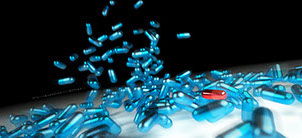 Lots of blue and one red flying pills on a earth looking horizon Lots of blue and one red flying pills on a earth looking horizon